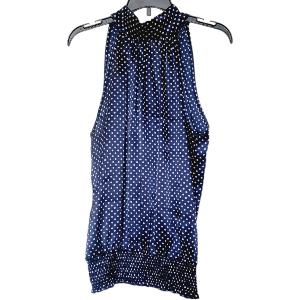 Lipstick Navy Polkadot Halter Style Bow Detail Silky Tank